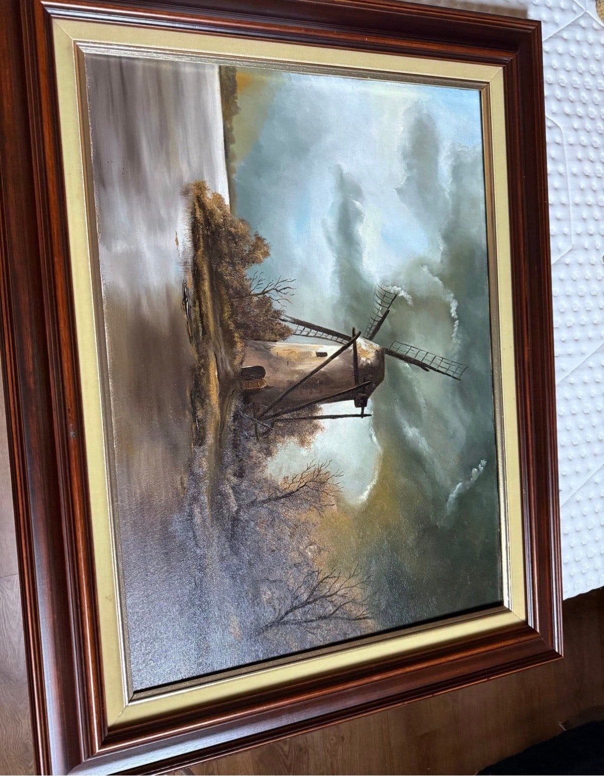 Schilderij met molen en landschap - gesigneerd, Ophalen, Doek, Gesigneerd, Landschap