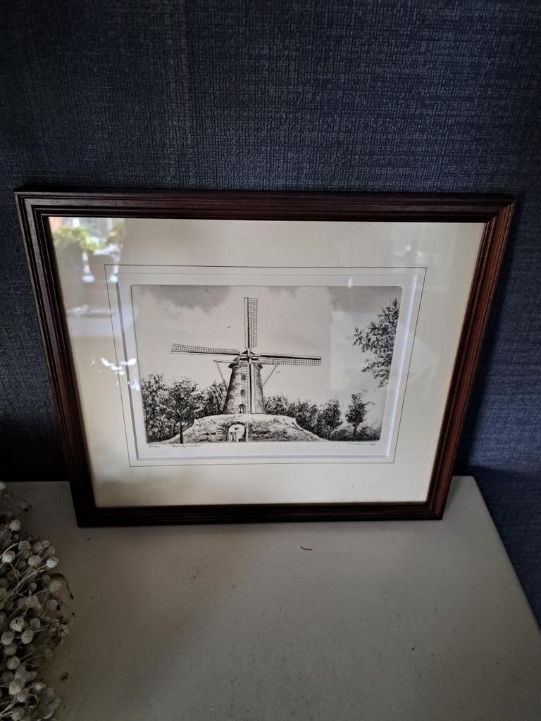 Ets a wieringa "bergmolen" nr 5/250 gesigneerd, Antiek en Kunst, Ophalen of Verzenden