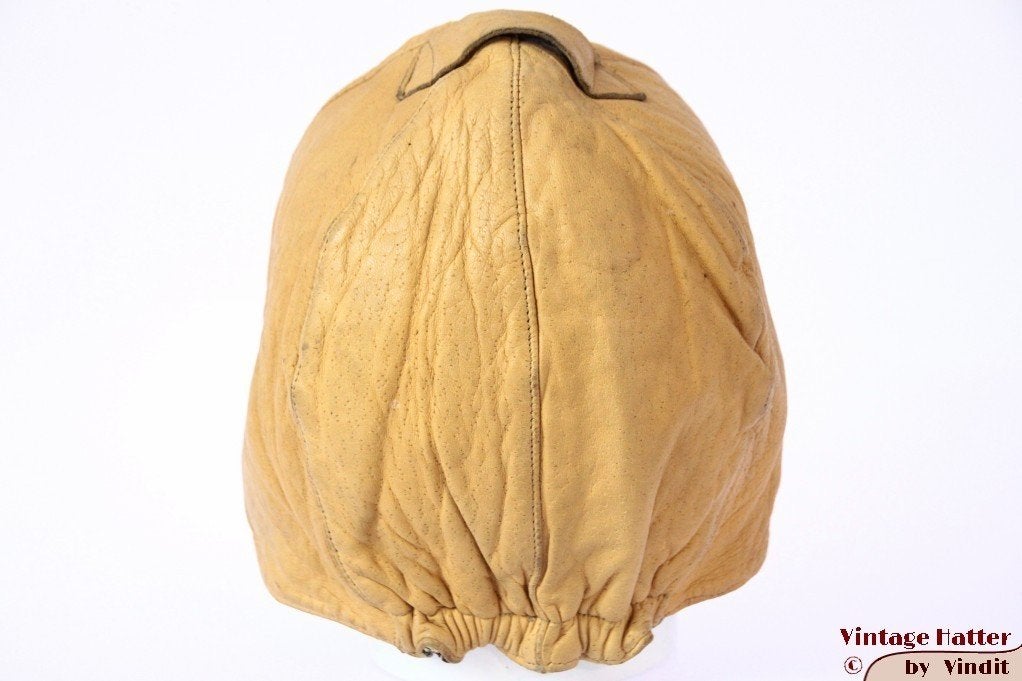 Vintage cabrio- pilotenmuts caramel beige geel leer 54-56, 134 t/m 140, Gebruikt, Jongen of Meisje, Ophalen of Verzenden