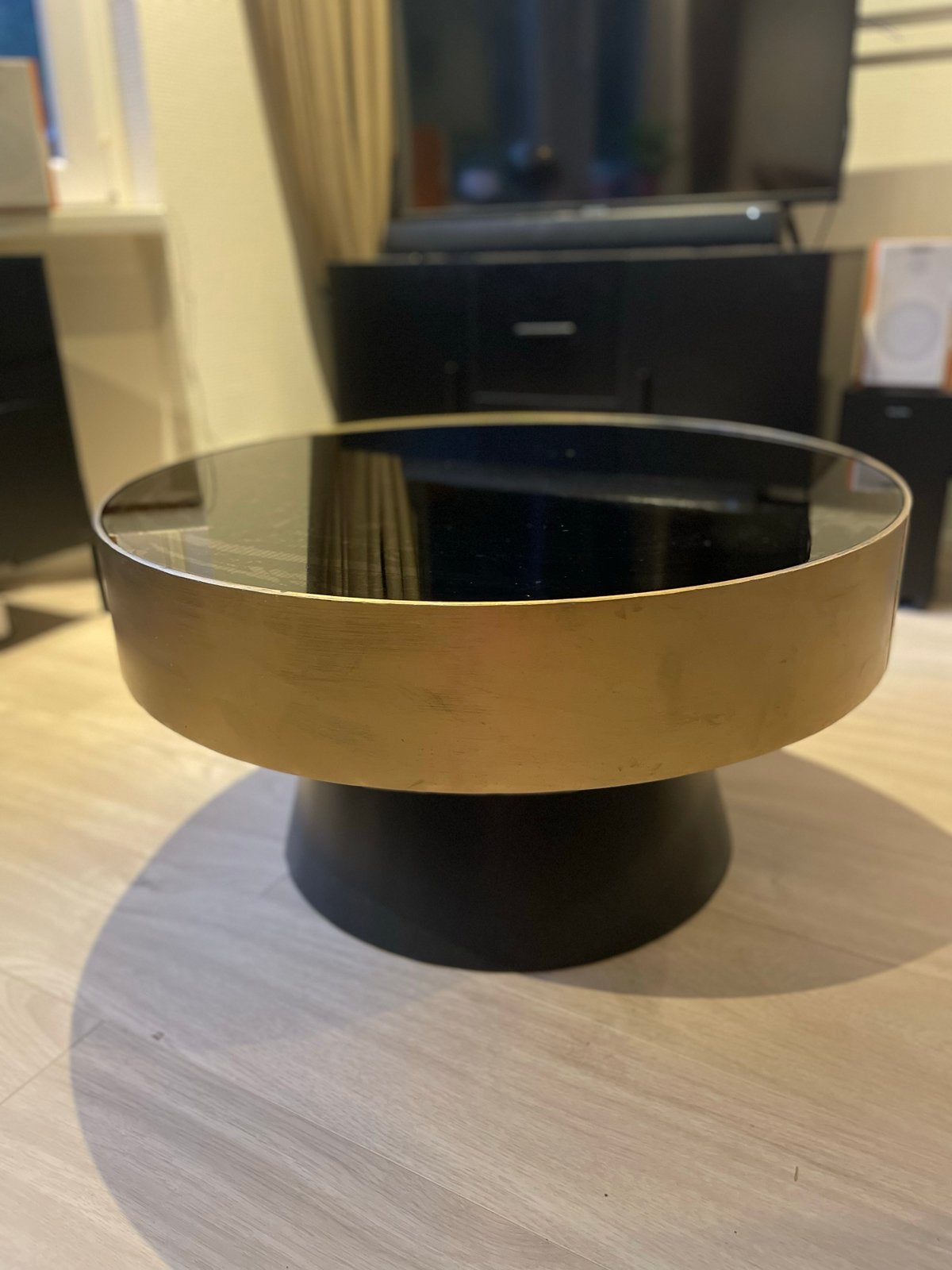 By Boo Bunga Salontafel Koffietafel Goud Zwart Glas 75cm, Ophalen, Gebruikt, Rond, 50 tot 100 cm