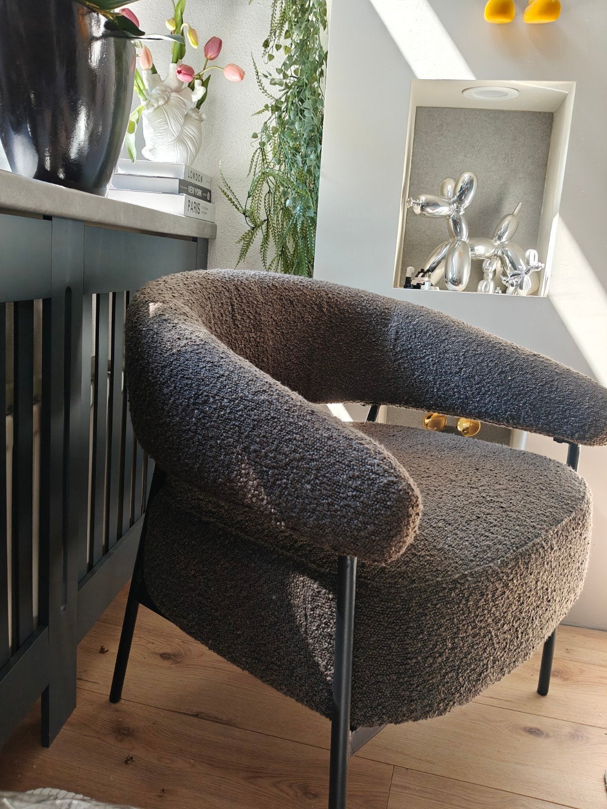 Fauteuil Nola - Antraciet Bouclé Loungestoel Teddy Stof, Ophalen, 75 tot 100 cm, Stof, Modern Teddy