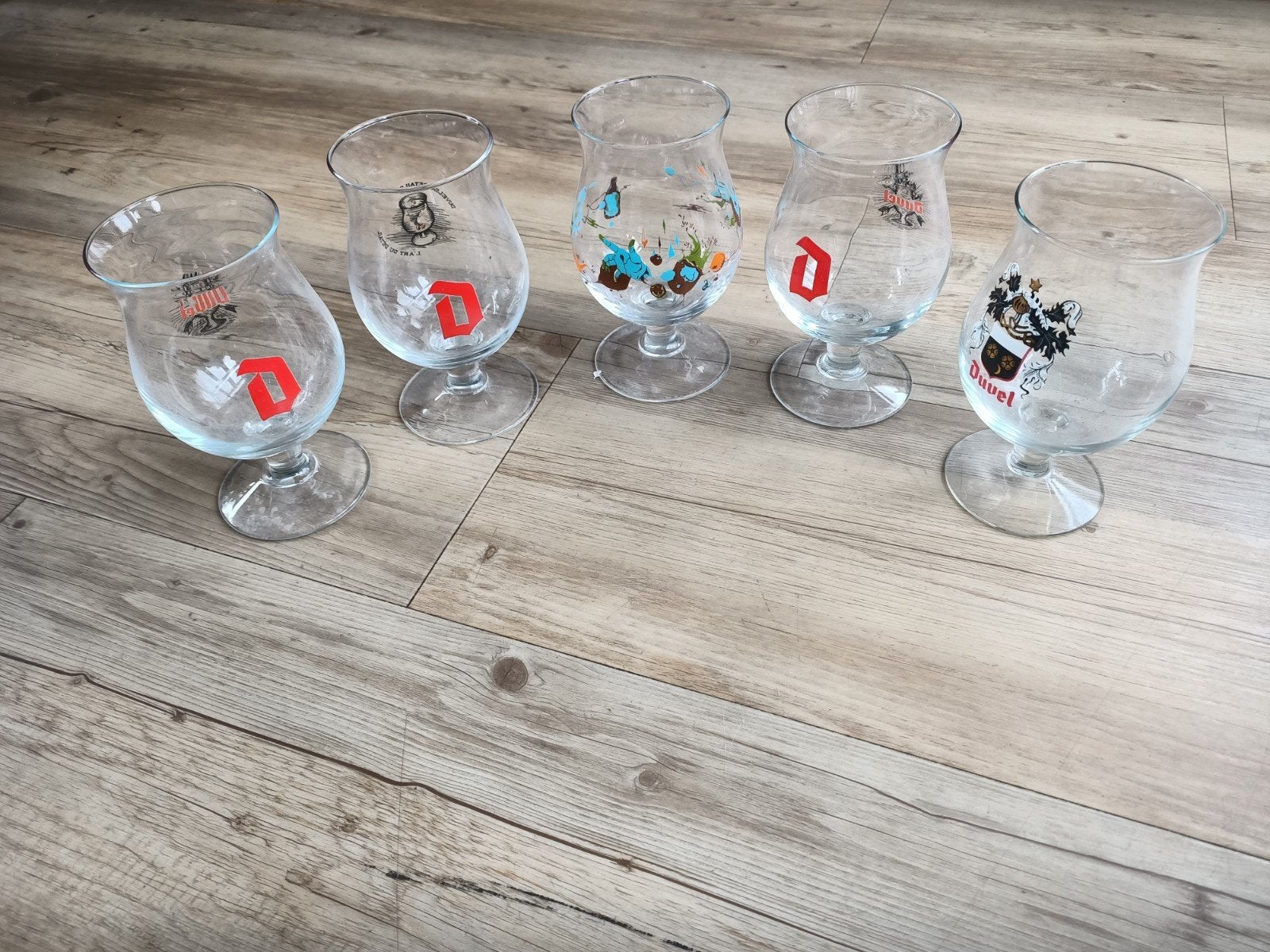 5 mooie duvel bierglazen met diverse opdrukken, Ophalen of Verzenden, Zo goed als nieuw, Glas of Glazen, Duvel