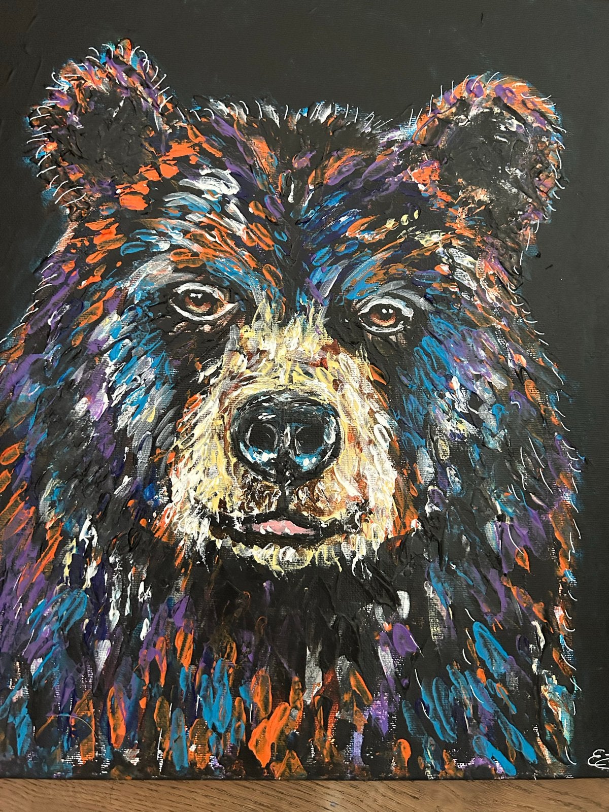 Kleurrijke Beer - Acrylverf op doek 40x40 cm, Acrylverf, Dieren, Textiel, Gelakt/vernis