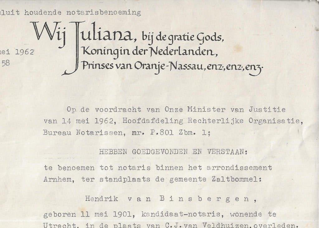 Arnhem Notarisbenoeming H van Binsbergen get.Juliana 17-2-62, Ophalen of Verzenden, 1960 tot 1980, Gelopen, Gelderland
