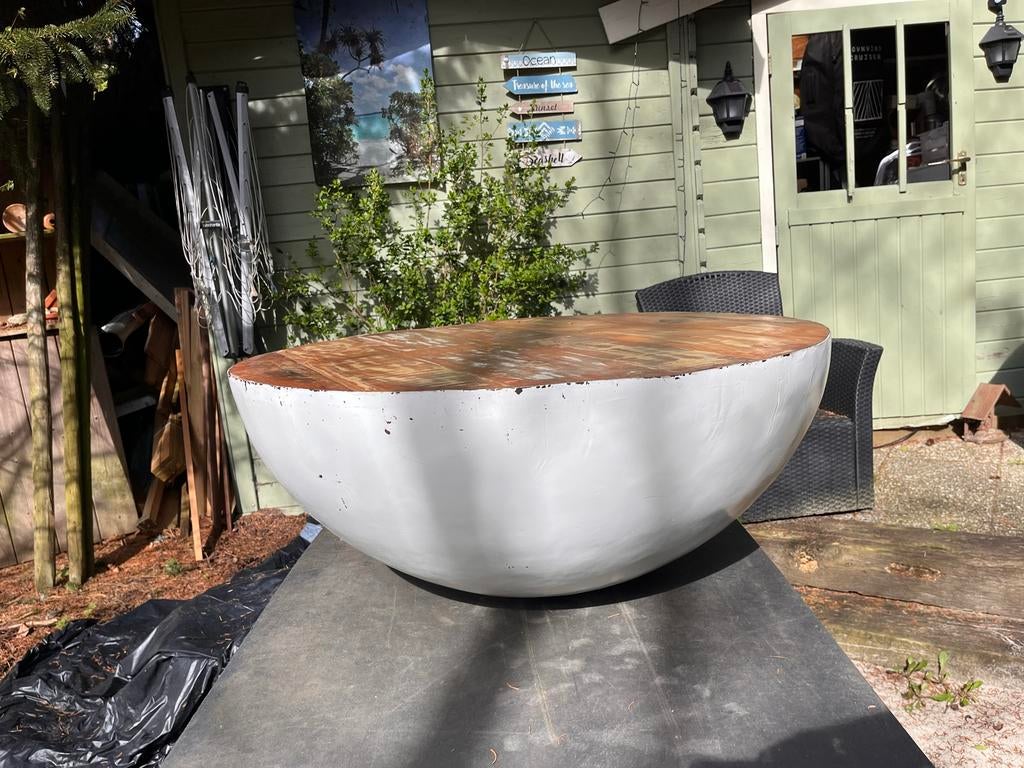 Ronde salontafel, wit met houten blad, Gebruikt, Rond, Minder dan 50 cm, Overige houtsoorten