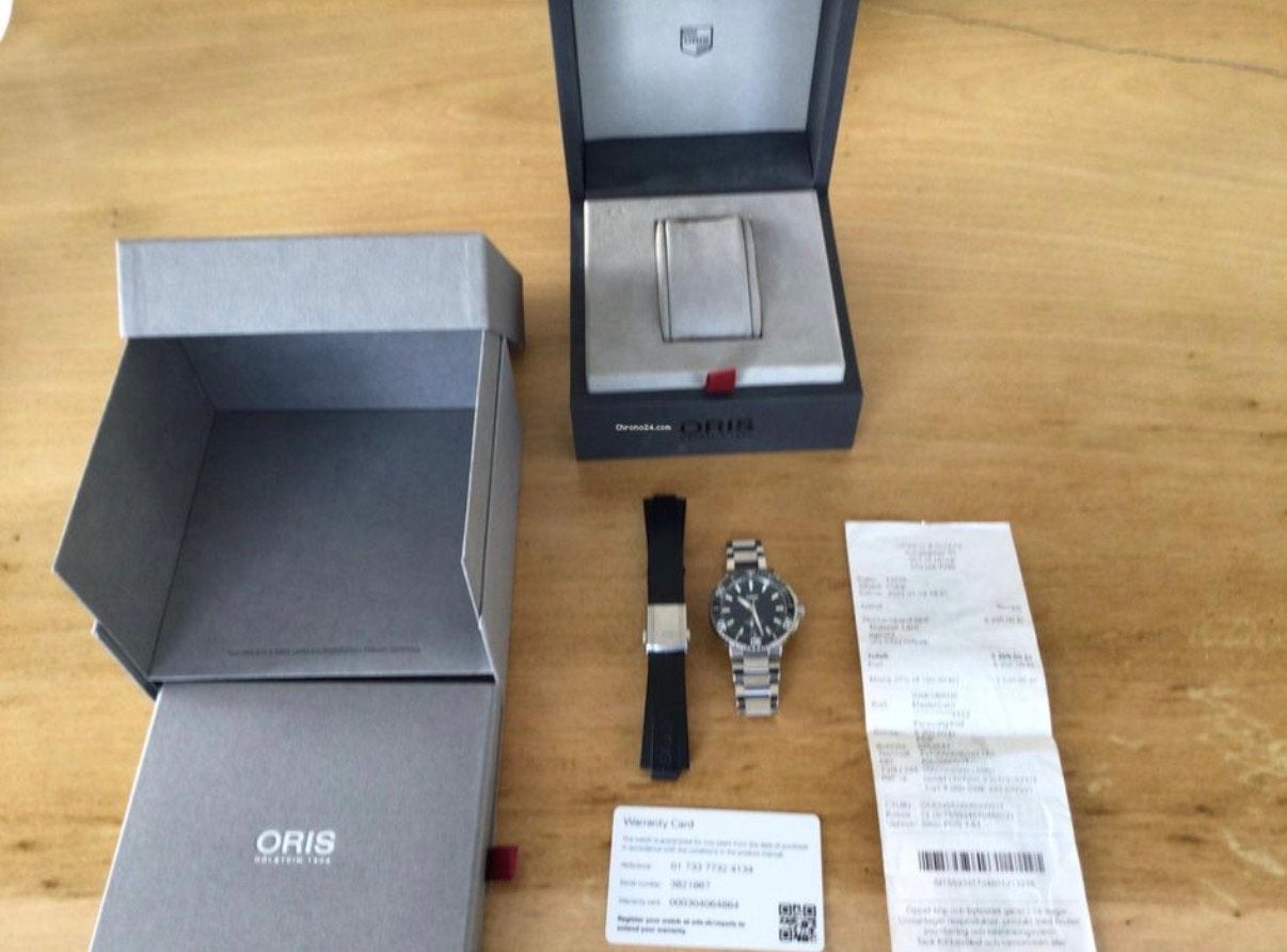 Oris Aquis 39,5mm Full set en 2 orginele banden, Overige merken, Gebruikt, Staal, Polshorloge