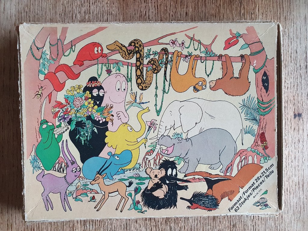 Barbapapa kinder-puzzel 63 stukjes compleet  1974 origineel, Ophalen of Verzenden, Meer dan 50 stukjes, Gebruikt, 6 jaar of ouder