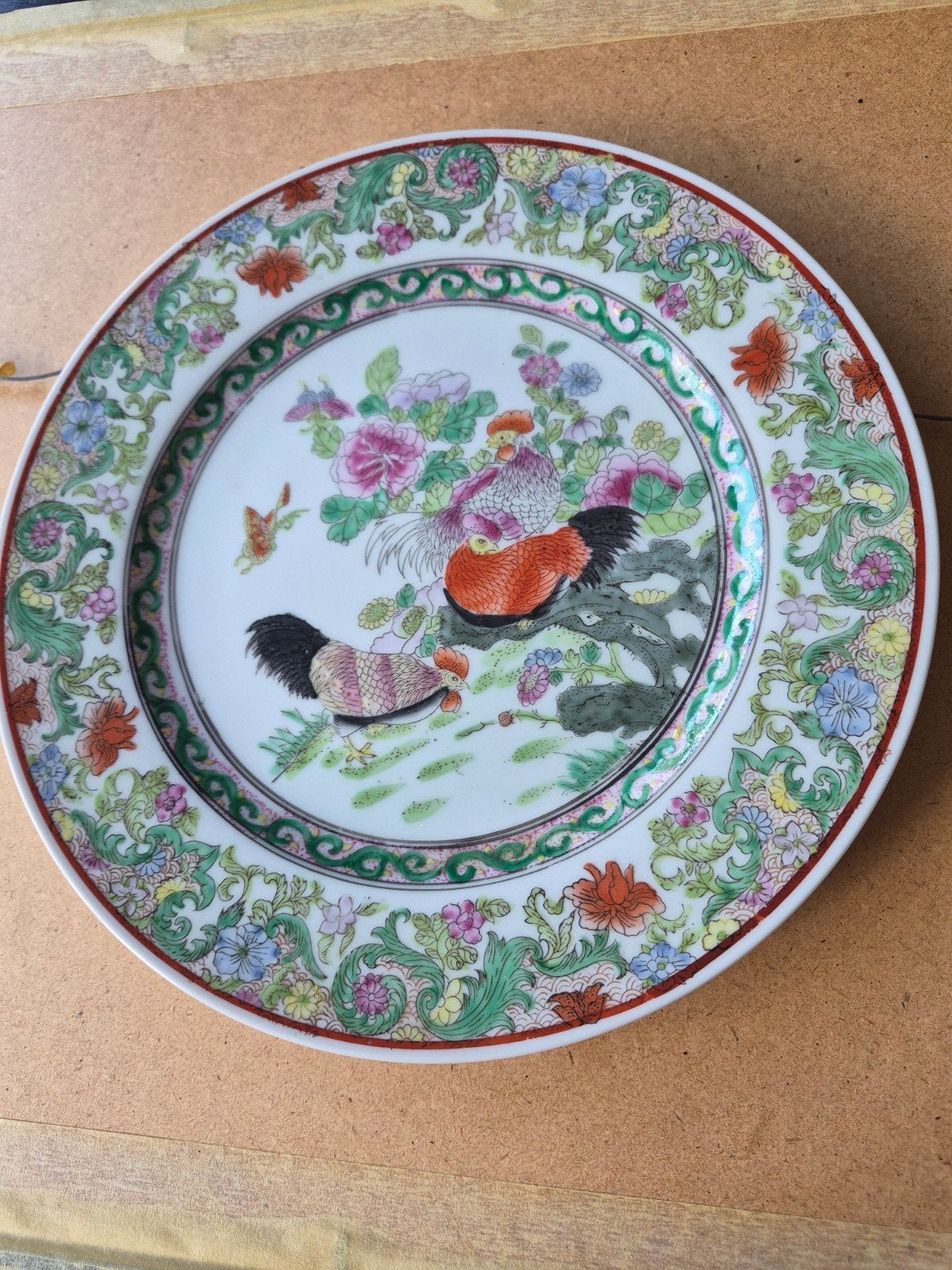 chinees  vintage bord met kippen en haan handgeschilderd., Ophalen of Verzenden