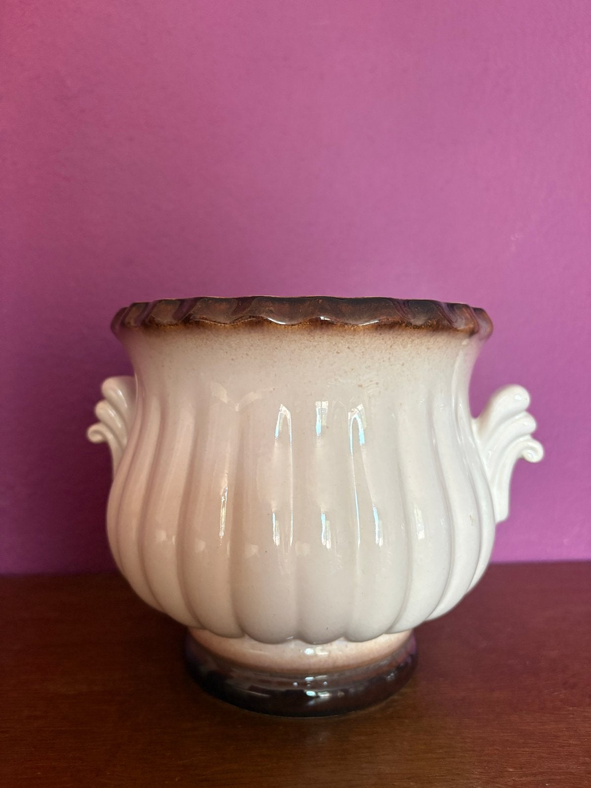 Vintage West Germany Bloempot - Crème/Bruin Aardewerk, Ophalen, Gebruikt, Rond, Binnen