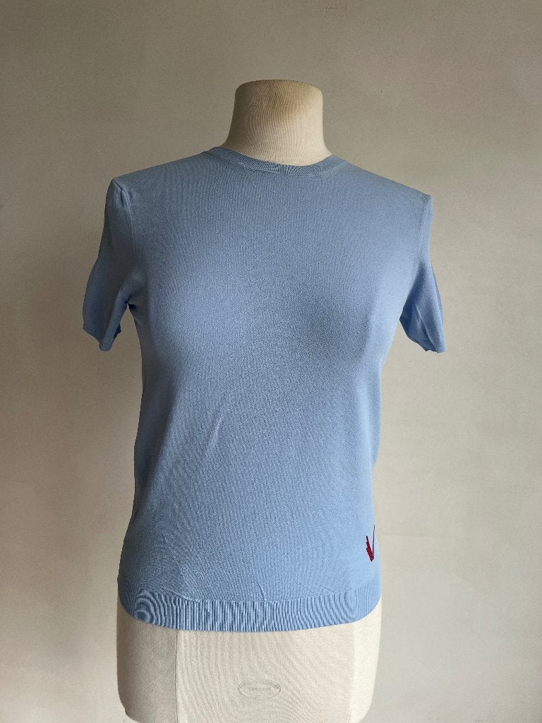 versace top blauw, Zo goed als nieuw, Maat 36 (S), Verzenden, Blauw