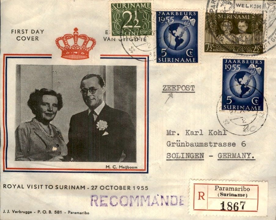 Suriname - FDC - Zeepost - Duitsland - 1955 - Frankering, Postzegels en Munten, Brieven en Enveloppen | Nederland, Verzenden, Envelop