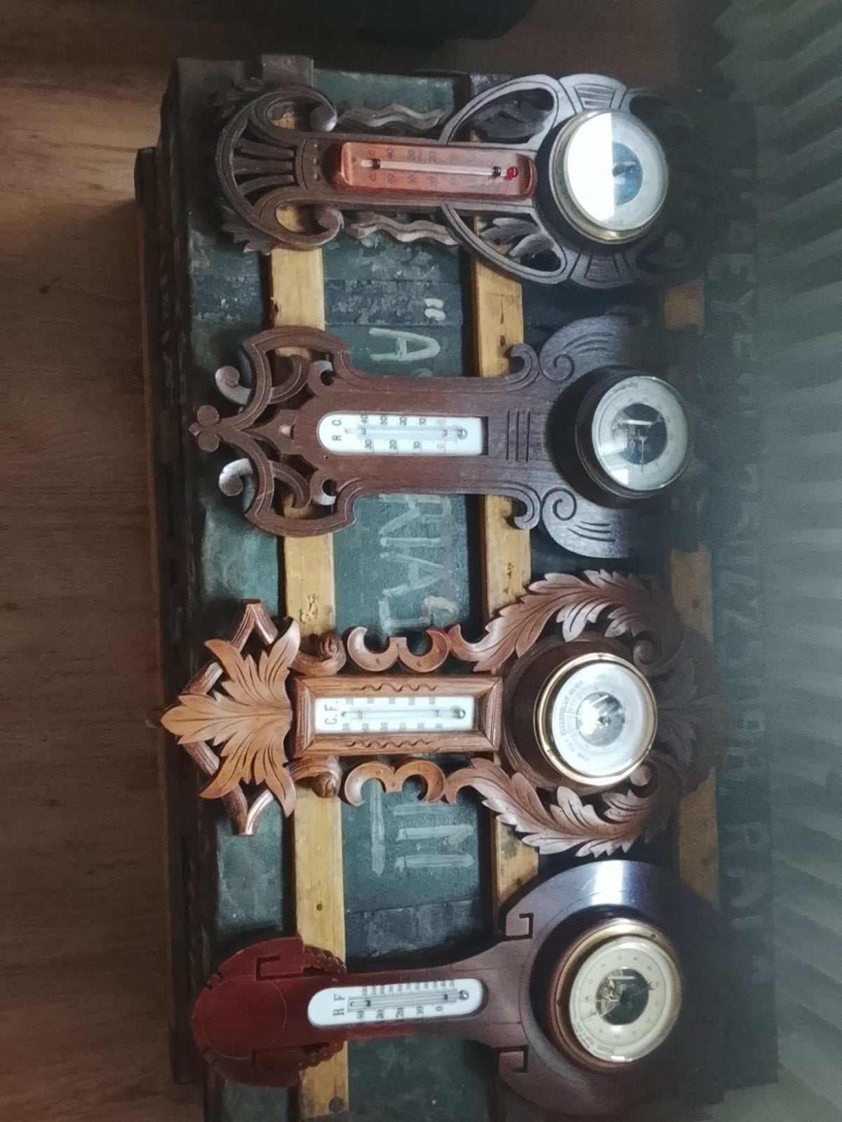 Antieke Houten Barometers en Thermometers - Set van 4, Audio, Tv en Foto, Ophalen, Gebruikt, Weerstation