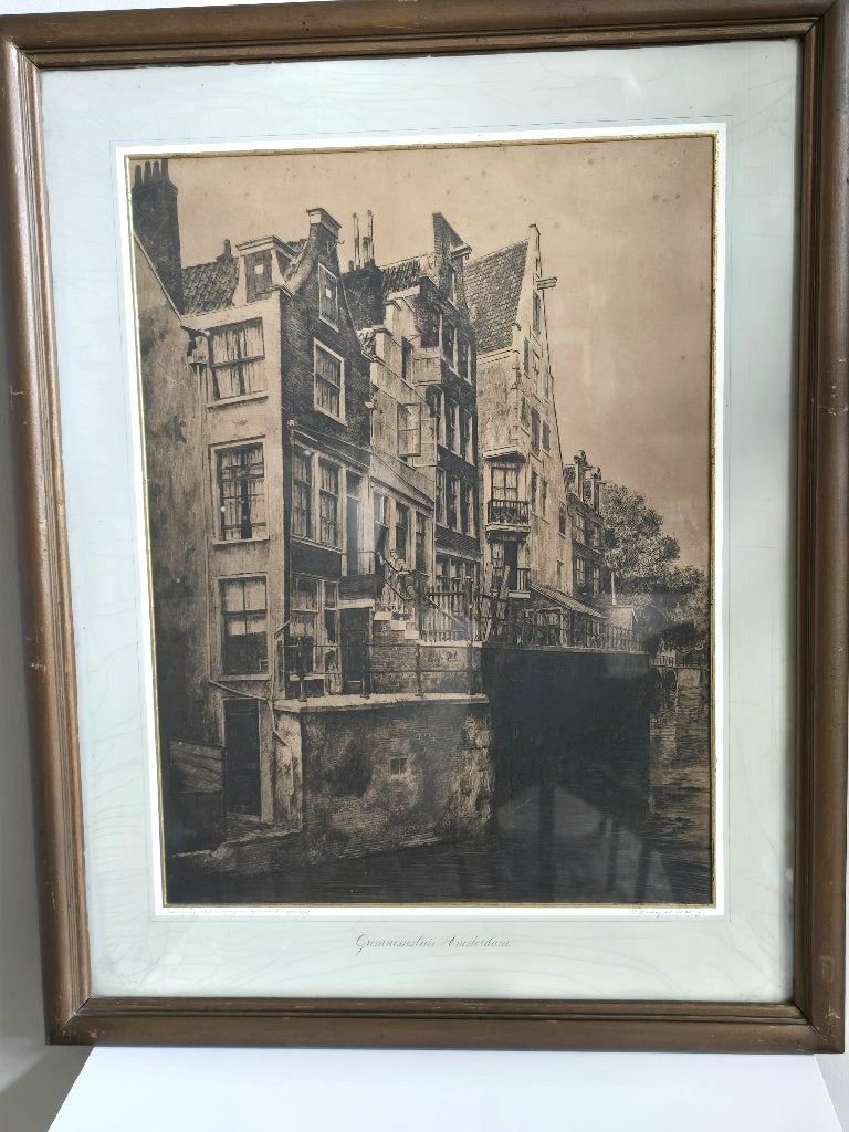 Originele Ets Dirk Harting (1884-1970) – Grimnessesluis, 34 cm, Ets, Stadsgezicht, Ophalen of Verzenden
