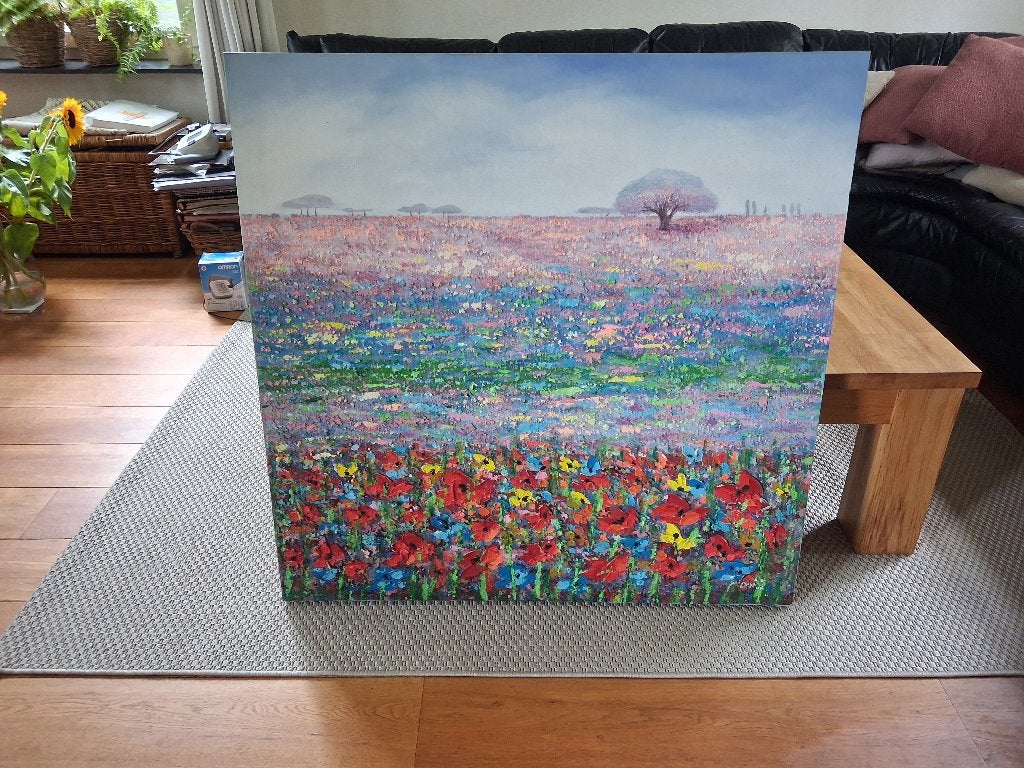 Groot Reliëf Schilderij Bloemenveld met klaprozen 100x100 cm, Antiek en Kunst, Ophalen, Textiel, 3D-effect, Bloemen