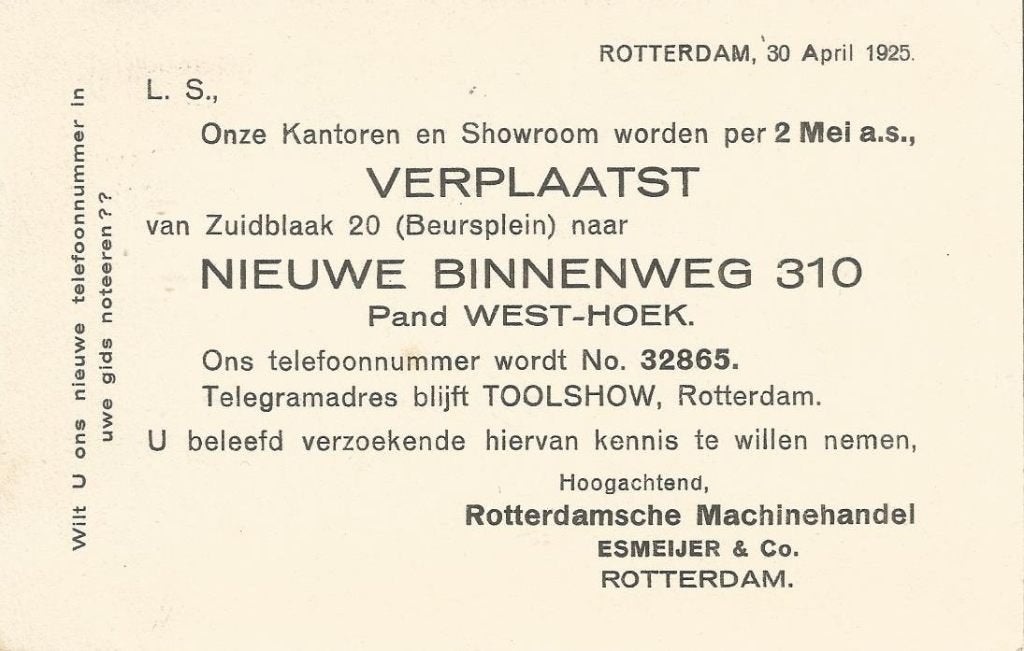 Rotterdam verplaatsing bedrijf Esmeijer briefkaart 1925, Verzenden, Zo goed als nieuw, Overige typen