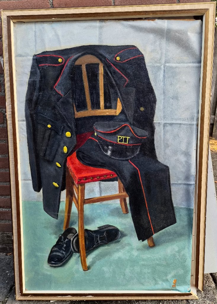 ~1950/60 Stilleven met postnl uniform. olieverf op papier, Stilleven, Impressionistisch, Ophalen of Verzenden, Olieverf