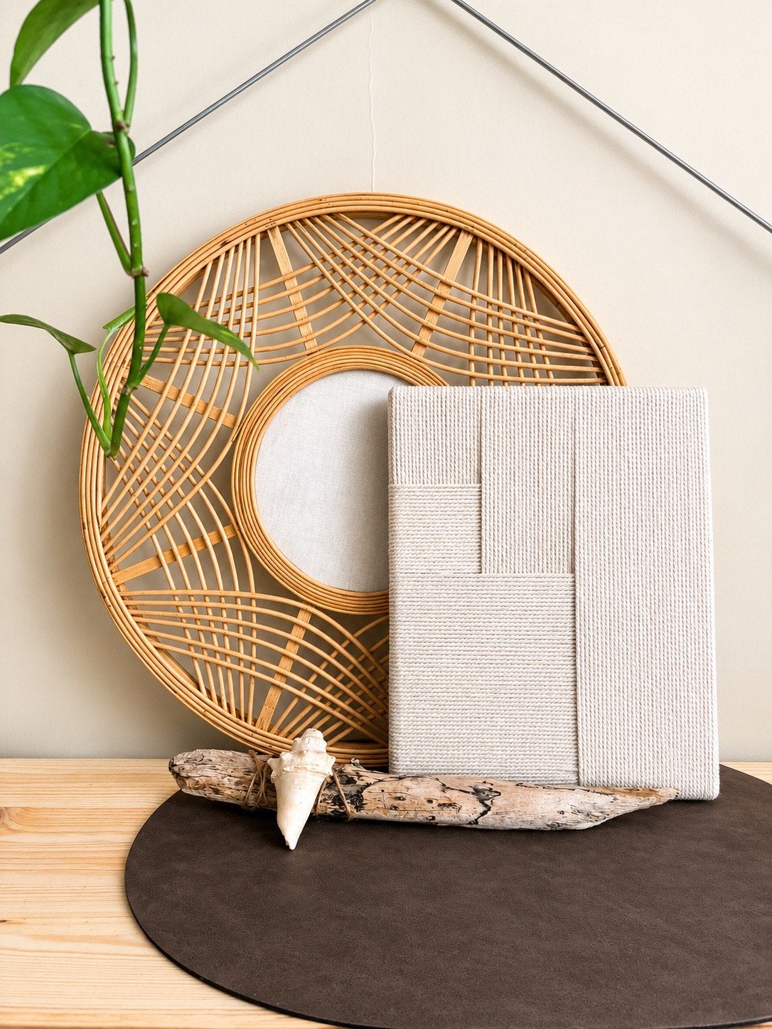 Uniek handgemaakt wandpaneel — naturel touw op canvas, Huis en Inrichting, Woonaccessoires | Spiegels, Minder dan 50 cm, Nieuw