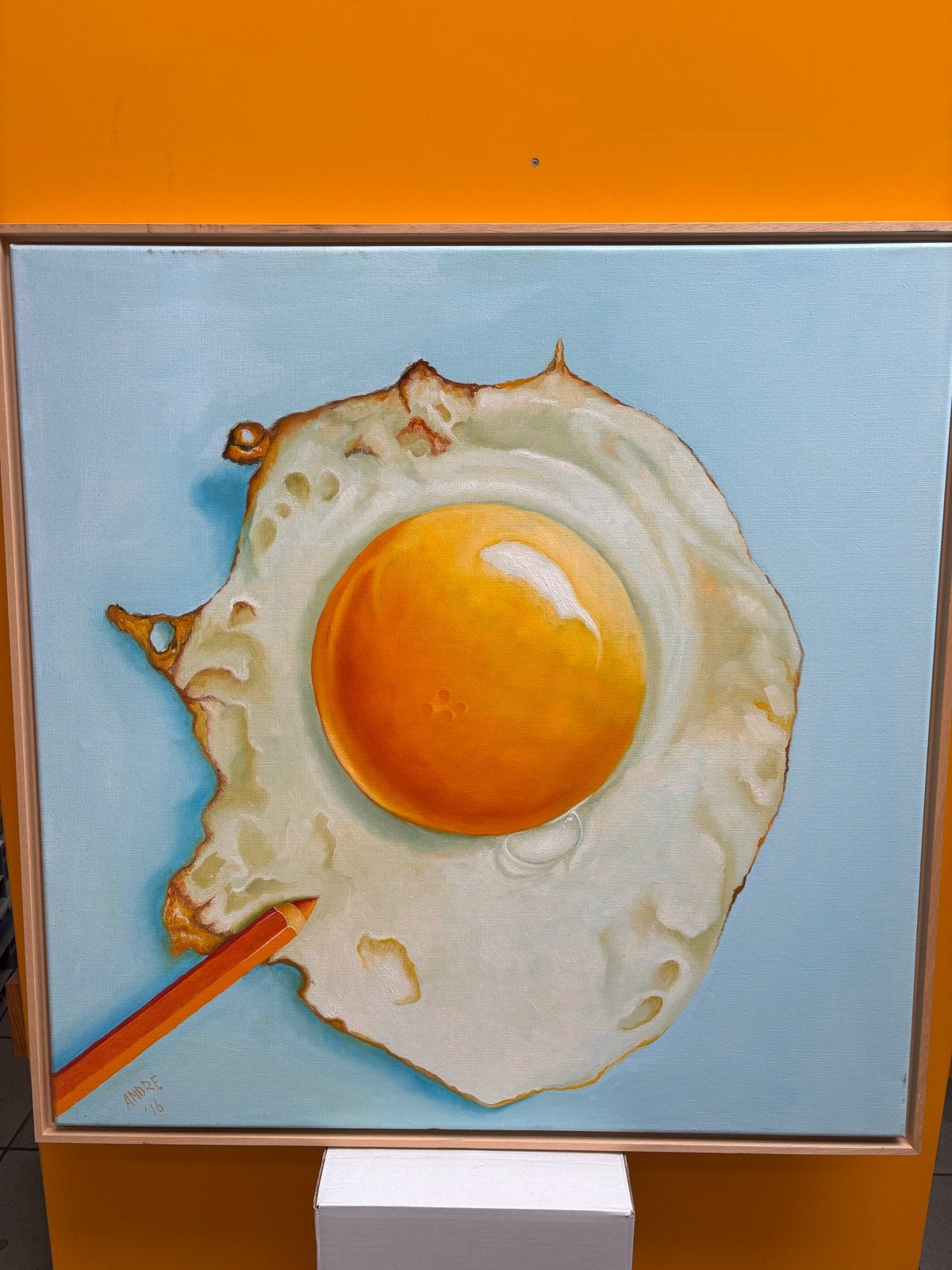 Schilderij 'Gebakken Ei' van André van Loon - 94x94 cm, Overig onderwerp, Ophalen of Verzenden, Textiel, Gesigneerd