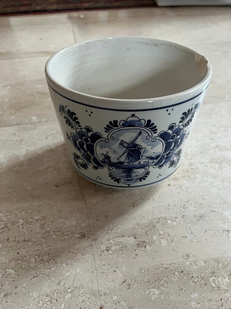 Oude handwerk Delftsblauwe bloempot met molen, Ophalen of Verzenden
