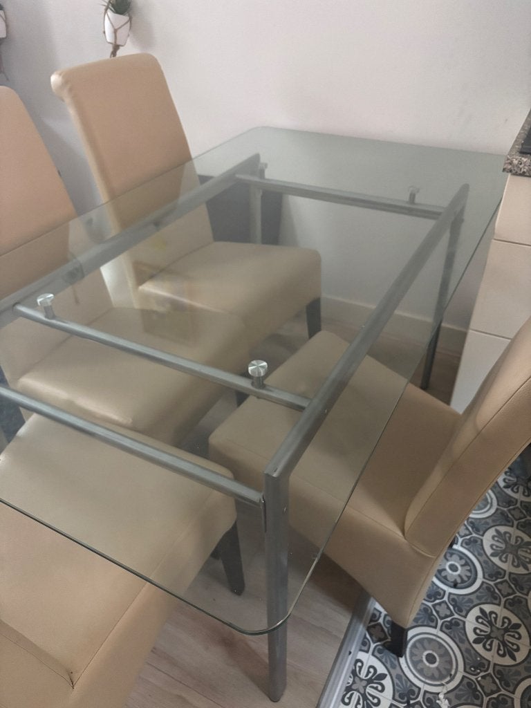 Glazen Eettafel met 4 leren stoelen, Ophalen, Gebruikt, 50 tot 100 cm, Glas