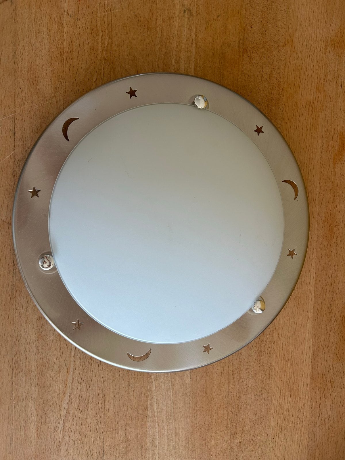 Plafondlamp, 31cm diameter,inox melkglas met maan en sterren, Zilver, Gebruikt, Ophalen of Verzenden, Plafondlamp