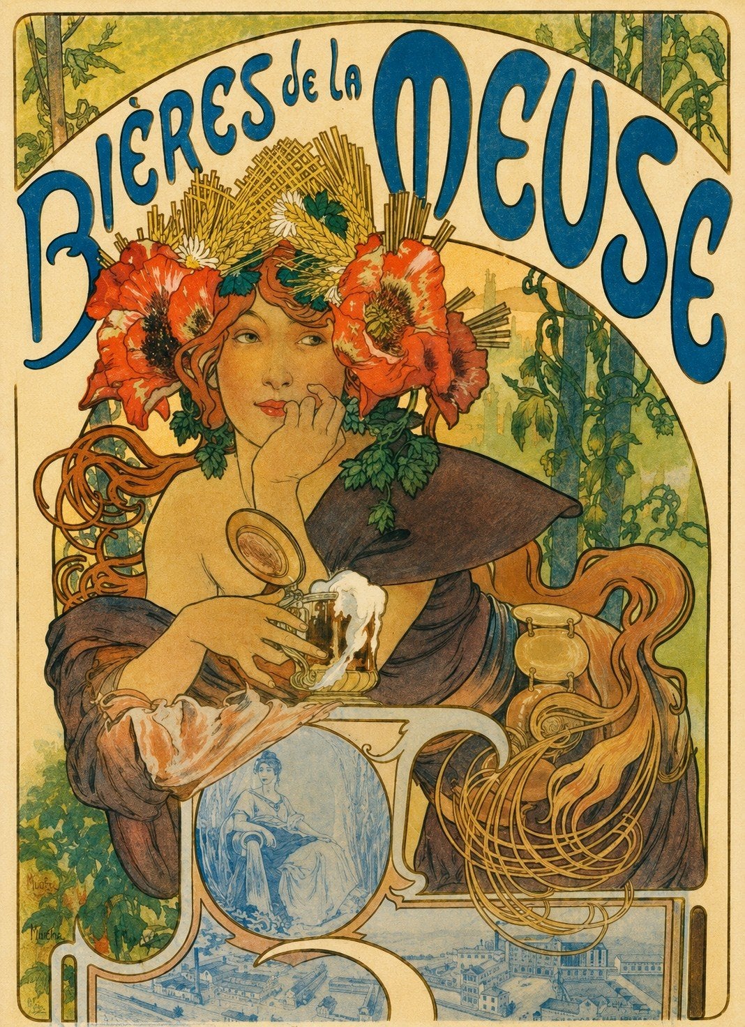 Vintage Bières de la Meuse Art Nouveau Poster, Ophalen of Verzenden, A1 t/m A3, Reclame, Rechthoekig Staand