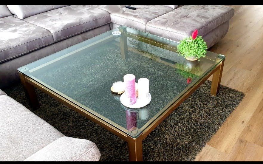 Glazen salontafel met metalen frame, Huis en Inrichting, Ophalen, Gebruikt, Vierkant, Glas