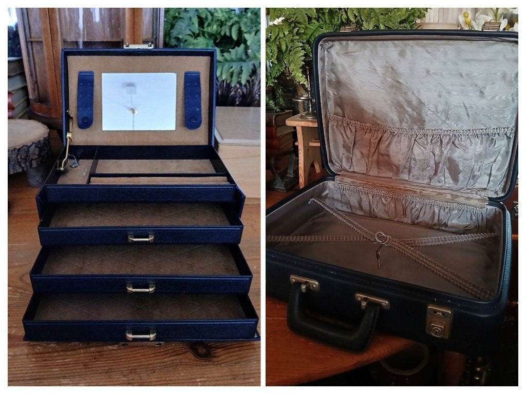 Retro sieradenbox - koffer blauw skai vintage, Verzamelen, Retro, Ophalen of Verzenden, Huis en Inrichting