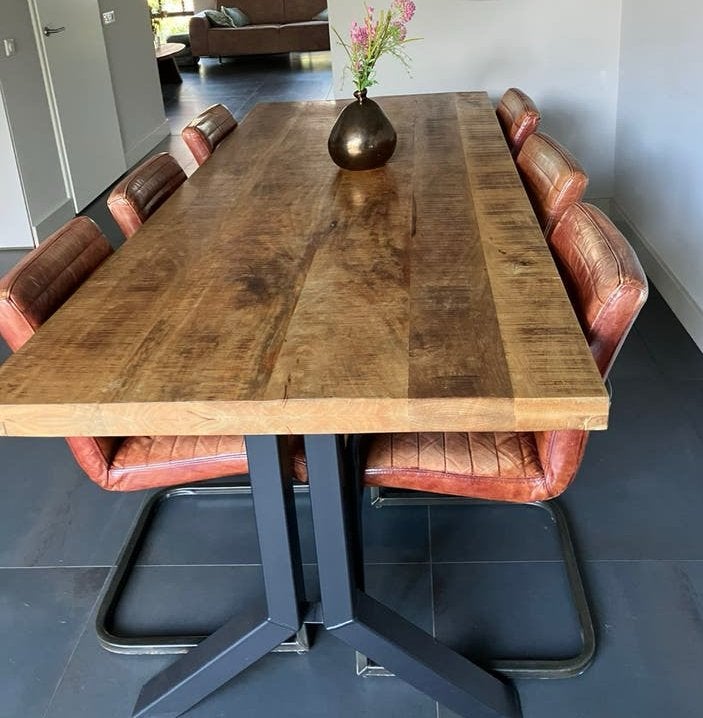 Mangohouten tafel 240 bij 100 incl leren cognac stoelen., Ophalen, 200 cm of meer, 50 tot 100 cm, Zo goed als nieuw