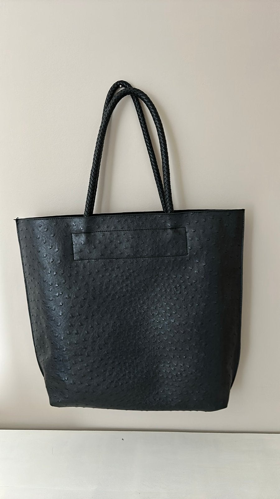 Zwarte shopper met struisvogelprint en uitneembare binnentas, Ophalen of Verzenden, Zo goed als nieuw, Zwart, Shopper