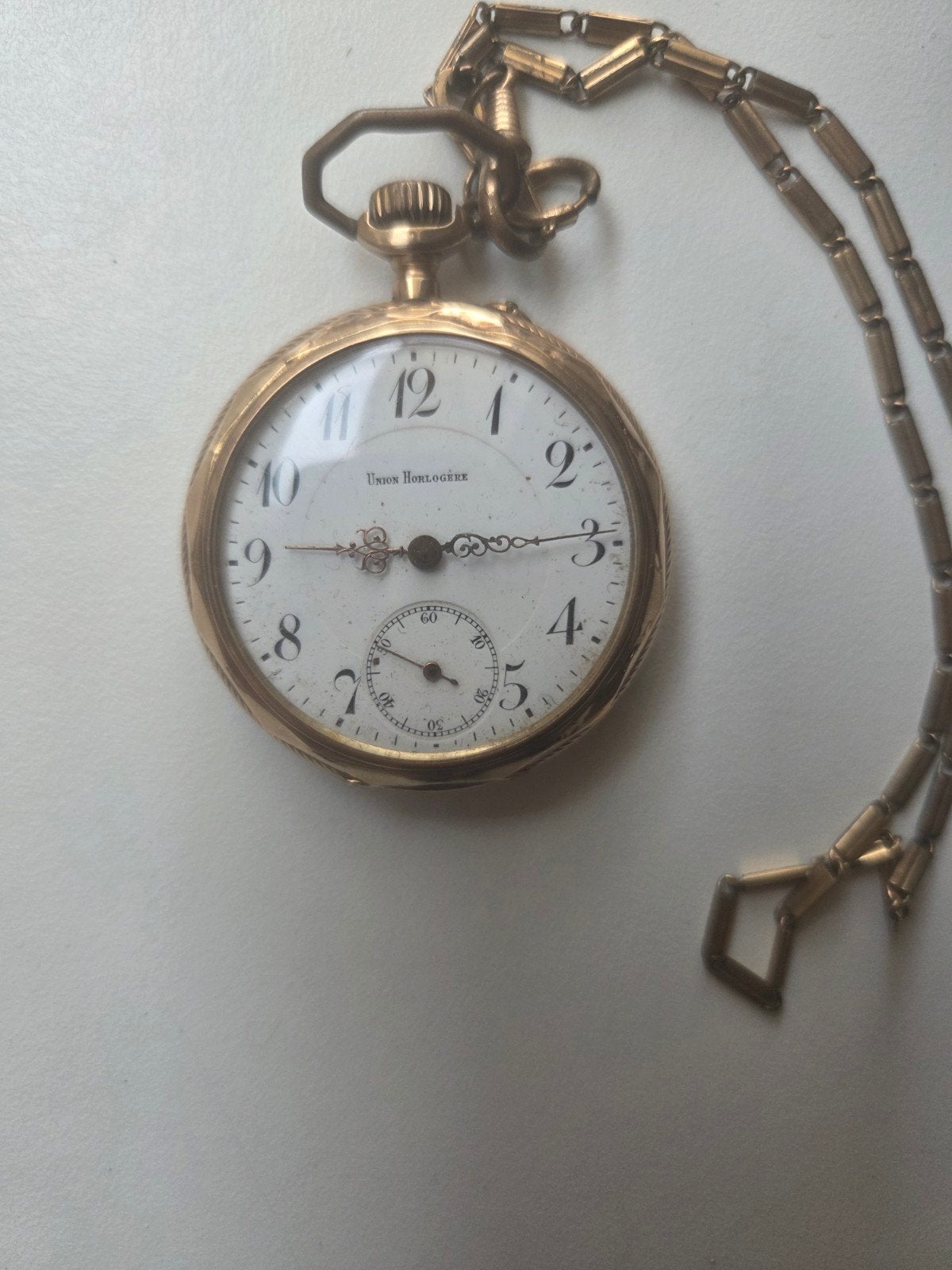 Antiek 14k Gouden Zakhorloge - Union Horlogère (ca. 1905), Ophalen of Verzenden, Goud, Overige merken, Met ketting
