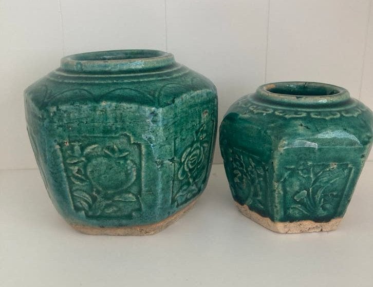 Vintage - set van 2 Shiwan Chinese gemberpotten - groen, Verzenden