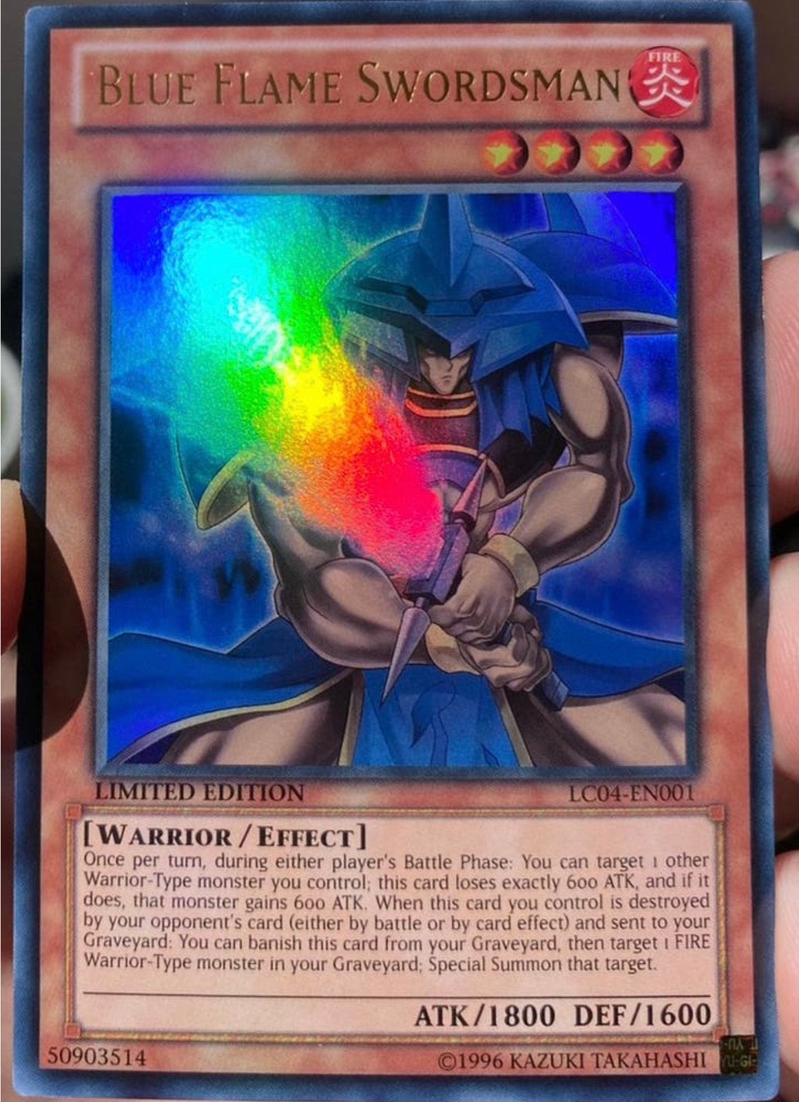 Yu-Gi-Oh! Blue Flame Swordsman LC04 Limited Promo !, Ophalen of Verzenden, Gebruikt, Losse kaart, Foil