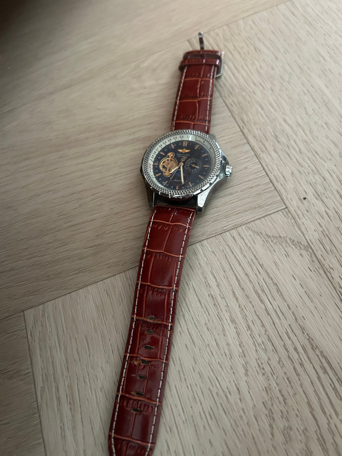 Breitling Navitimer stijl herenhorloge met lederen band, Overige merken, Staal, Polshorloge, Ophalen of Verzenden