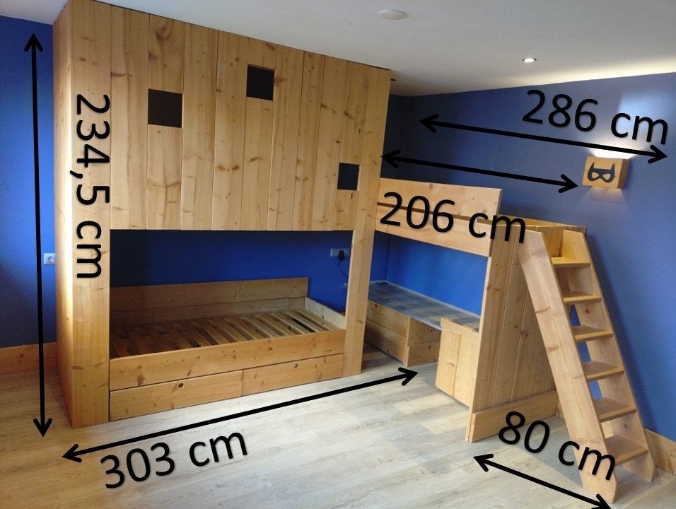 Steigerhouten Huisjes-, Speel-, Logeer-, Gamebed met bureau, Ophalen, Eenpersoons, Zo goed als nieuw, 200 cm