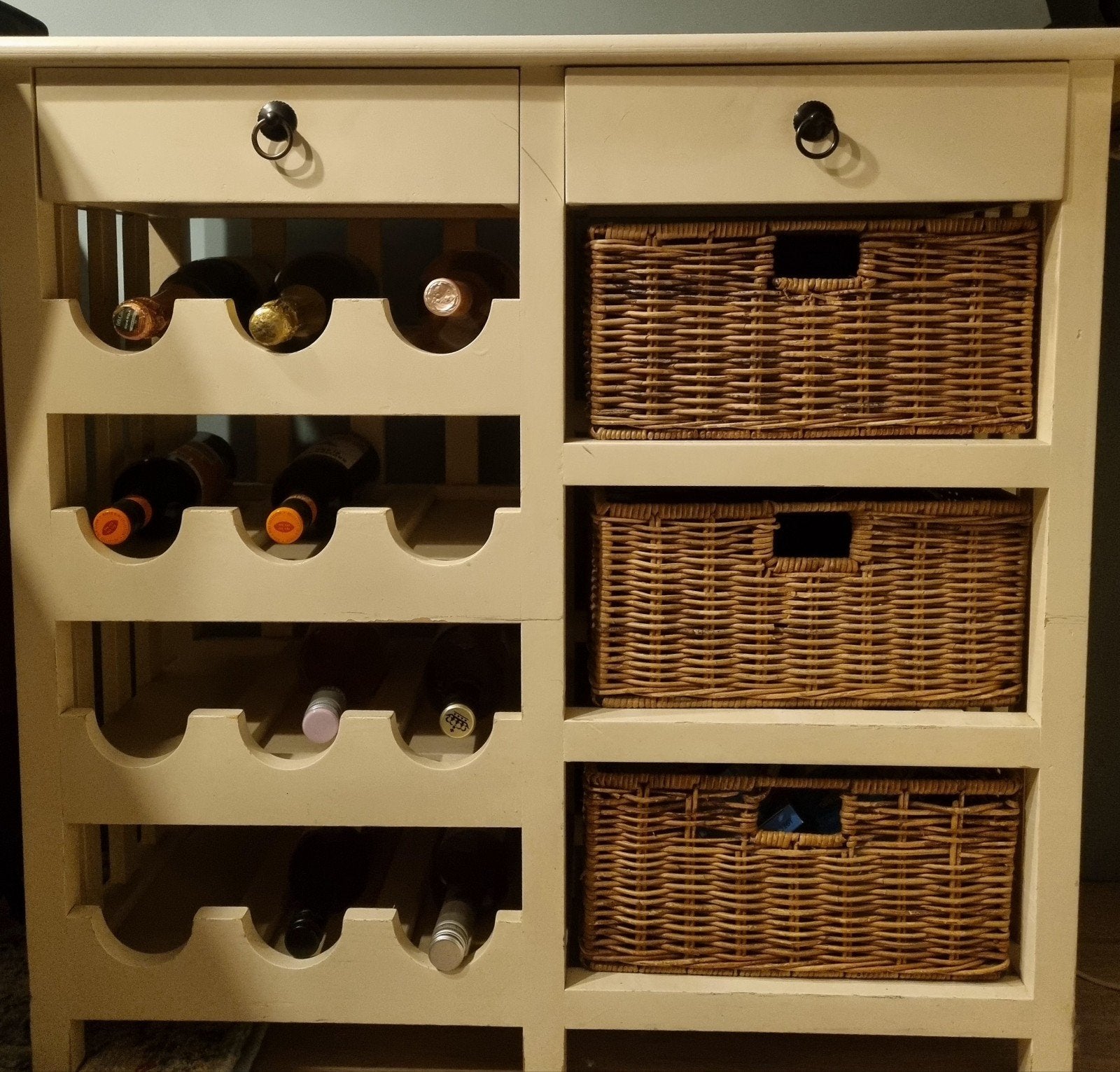 Wijnrek met opbergmanden - Crèmekleurig hout, Ophalen, Gebruikt, Hout, Minder dan 50 cm
