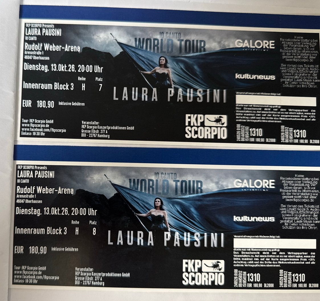 2 x Laura Pausini Io Canto Oberhausen zitplaatsen 8e rij, Tickets en Kaartjes, Twee personen, Oktober