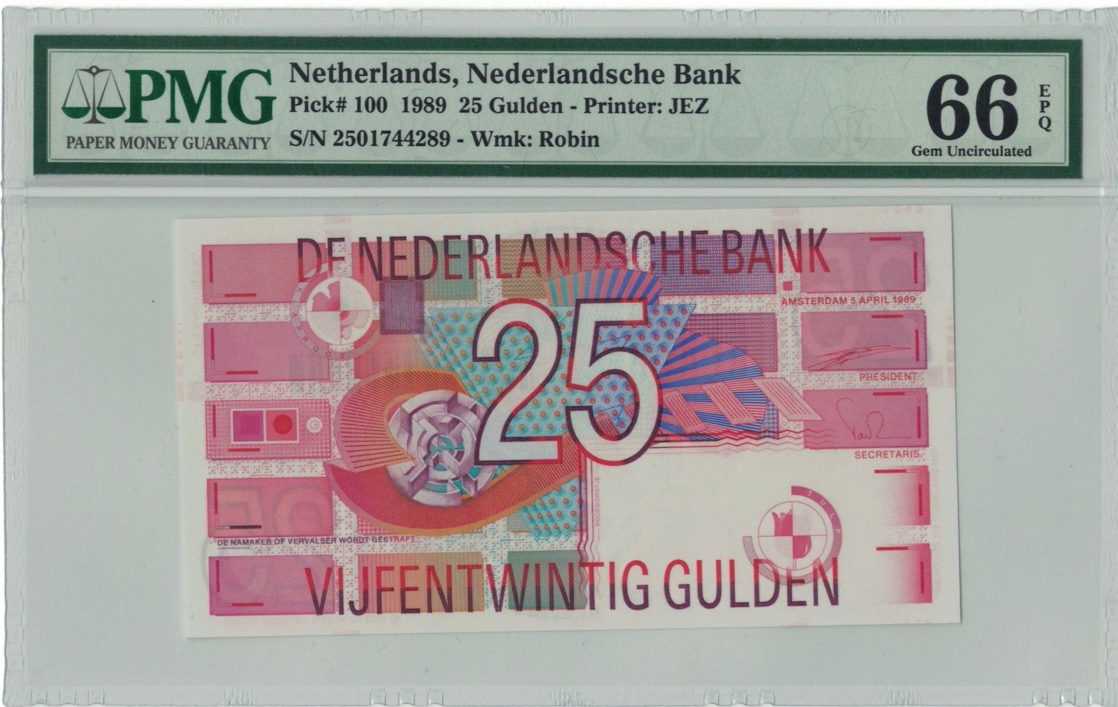 PMG 66 EPQ 25 Gulden Roodborstje 1989, Ophalen of Verzenden, 25 gulden