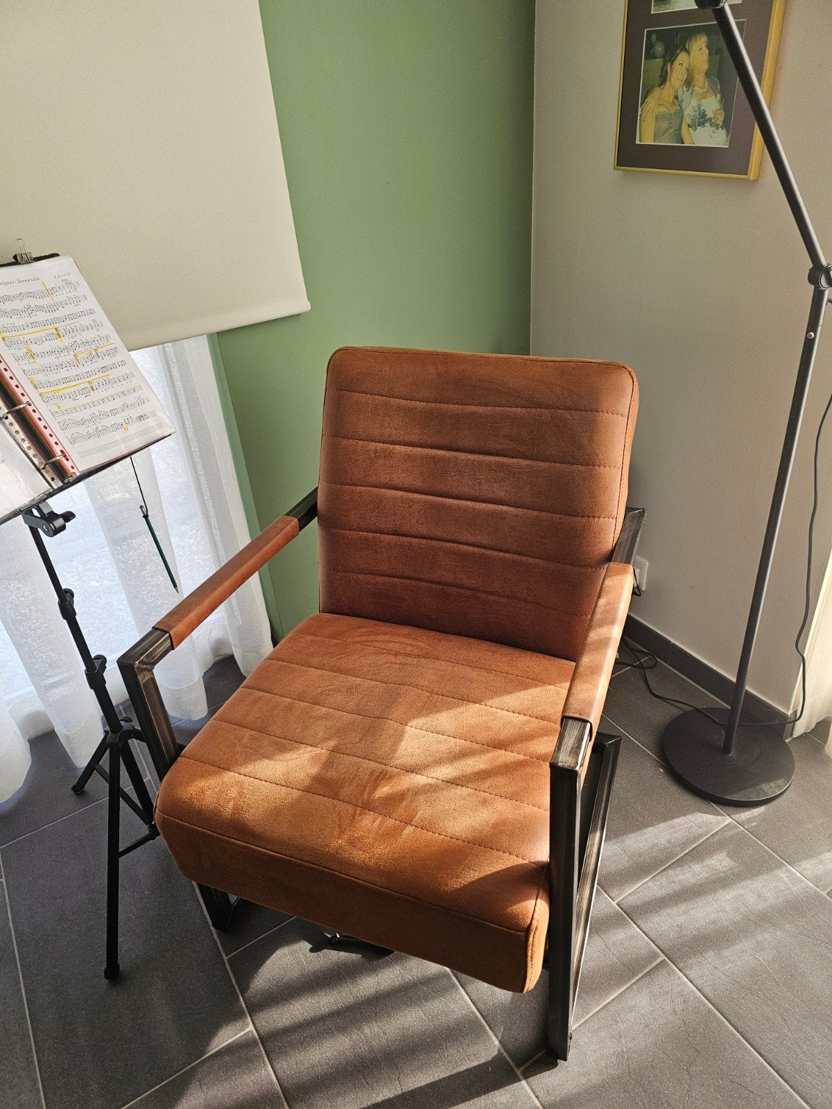 Mooie leren  cognac kleurige industriële fauteuil., Ophalen, 75 tot 100 cm, Zo goed als nieuw, Industriële look