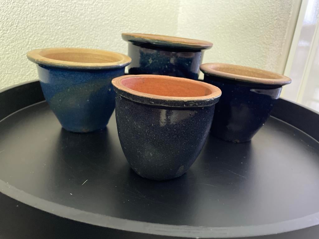 Set van 4 blauwe bloempotten - Gebruikt, Tuin en Terras, Bloempotten, Ophalen, Rond, Zo goed als nieuw, Balkon