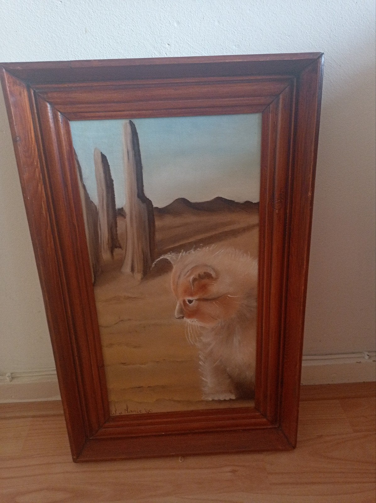 Schilderij met kat in woestijnlandschap, Ophalen of Verzenden