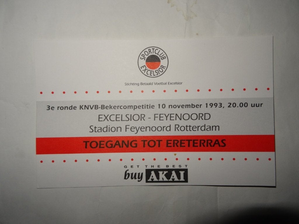 Kaart 3e ronde KNVB beker Excelsior - Feyenoord 10-11-1993, Verzamelen, Ophalen, Zo goed als nieuw, Feyenoord, Overige typen