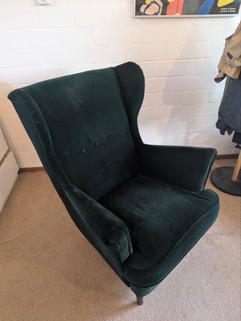 IKEA STRANDMON oorfauteuil, groen fluweel, Ophalen, 75 tot 100 cm, Zo goed als nieuw, Klassiek, Modern, Comfortabel