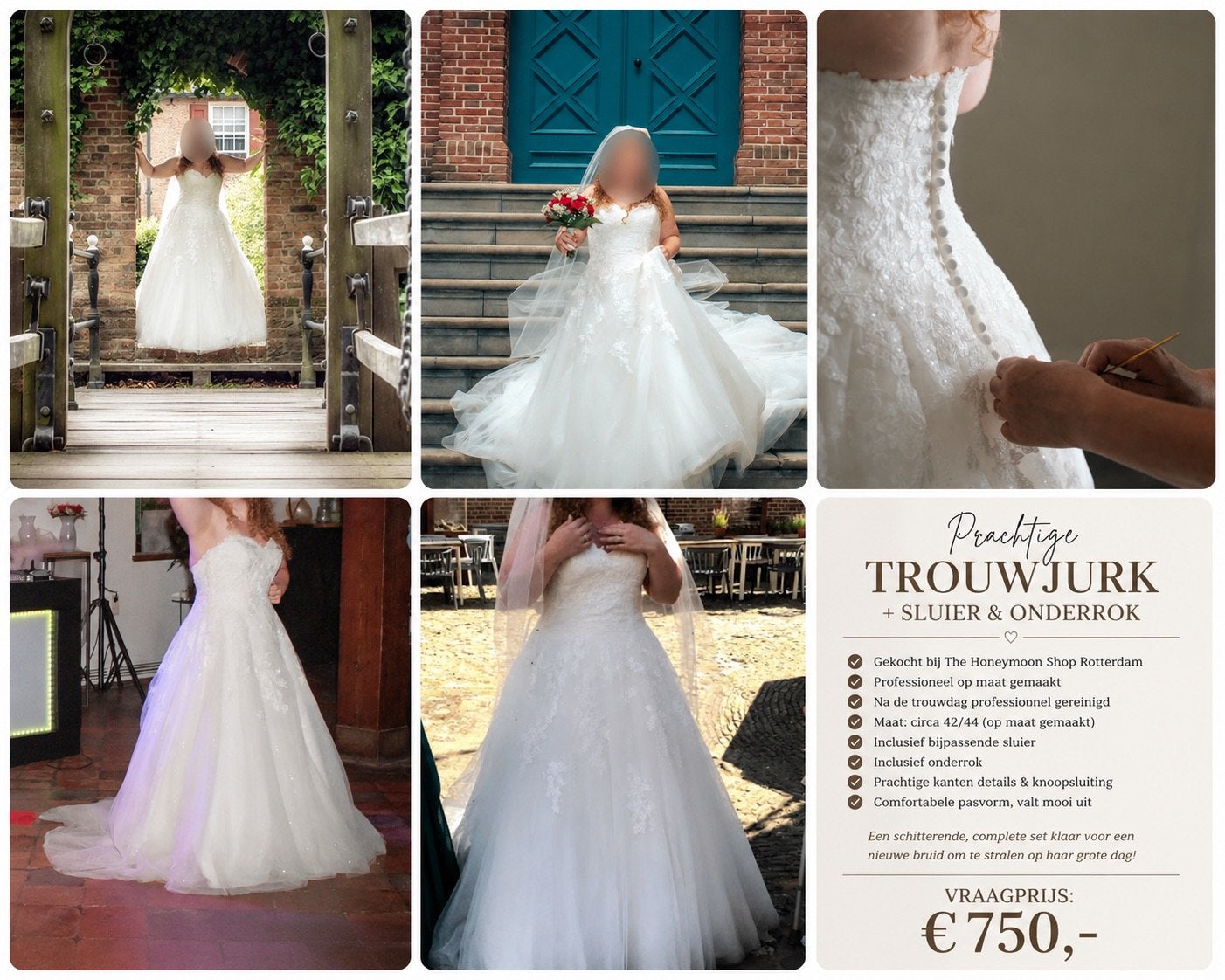 Trouwjurk (The Honeymoon Shop) maat 42/44 incl. sluier+rok, Ophalen, Zo goed als nieuw, Wit, Trouwjurk
