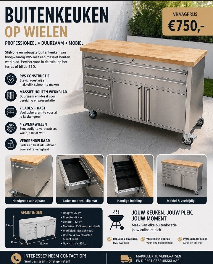 Professionele RVS Buitenkeuken op Wielen, Ophalen, Nieuw, Vrijstaand