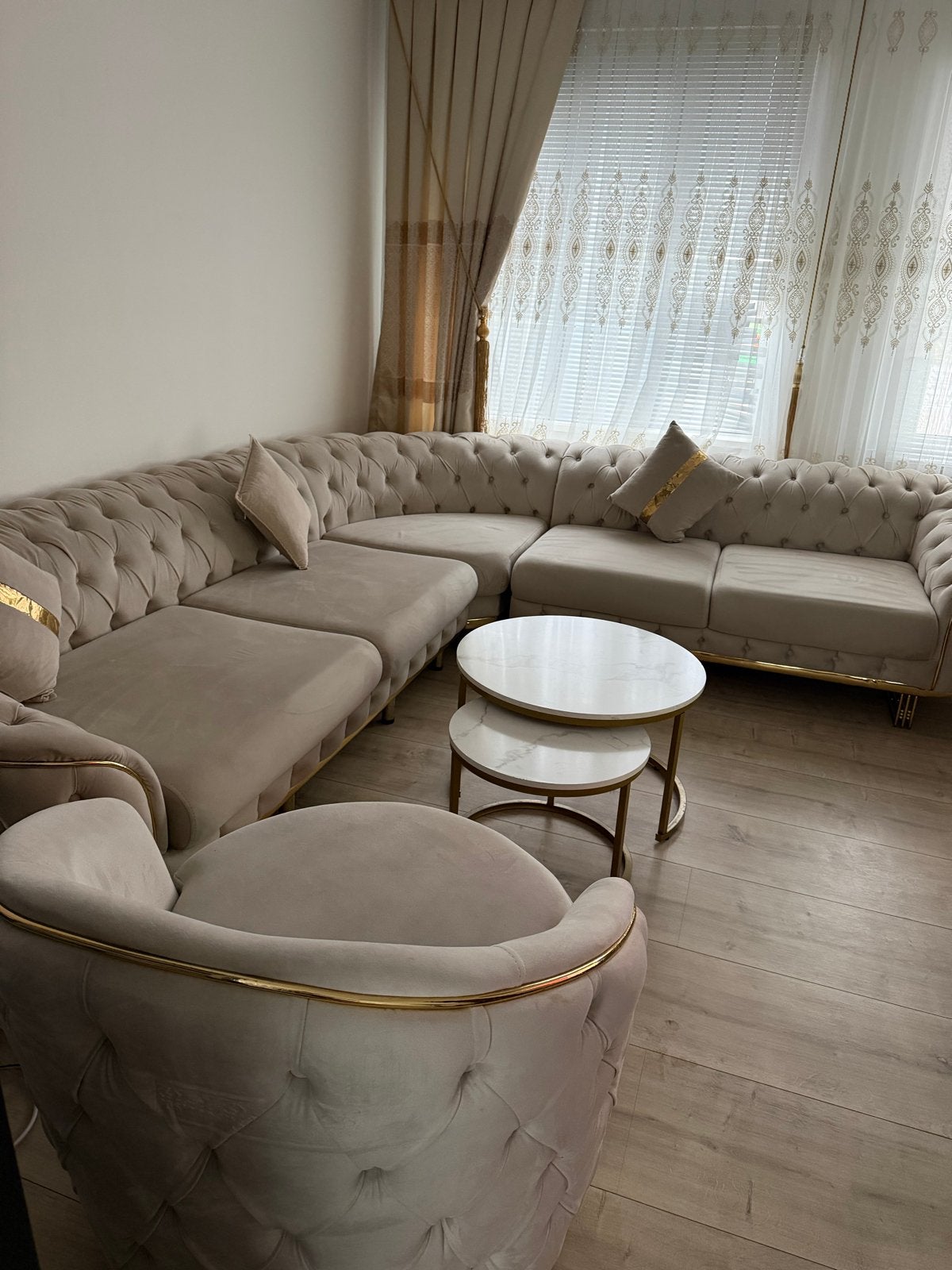 Luxe Hoekbankstel met Fauteuil - Beige/Goud, 100 tot 125 cm, Hoekbank, 300 cm of meer, Ophalen of Verzenden