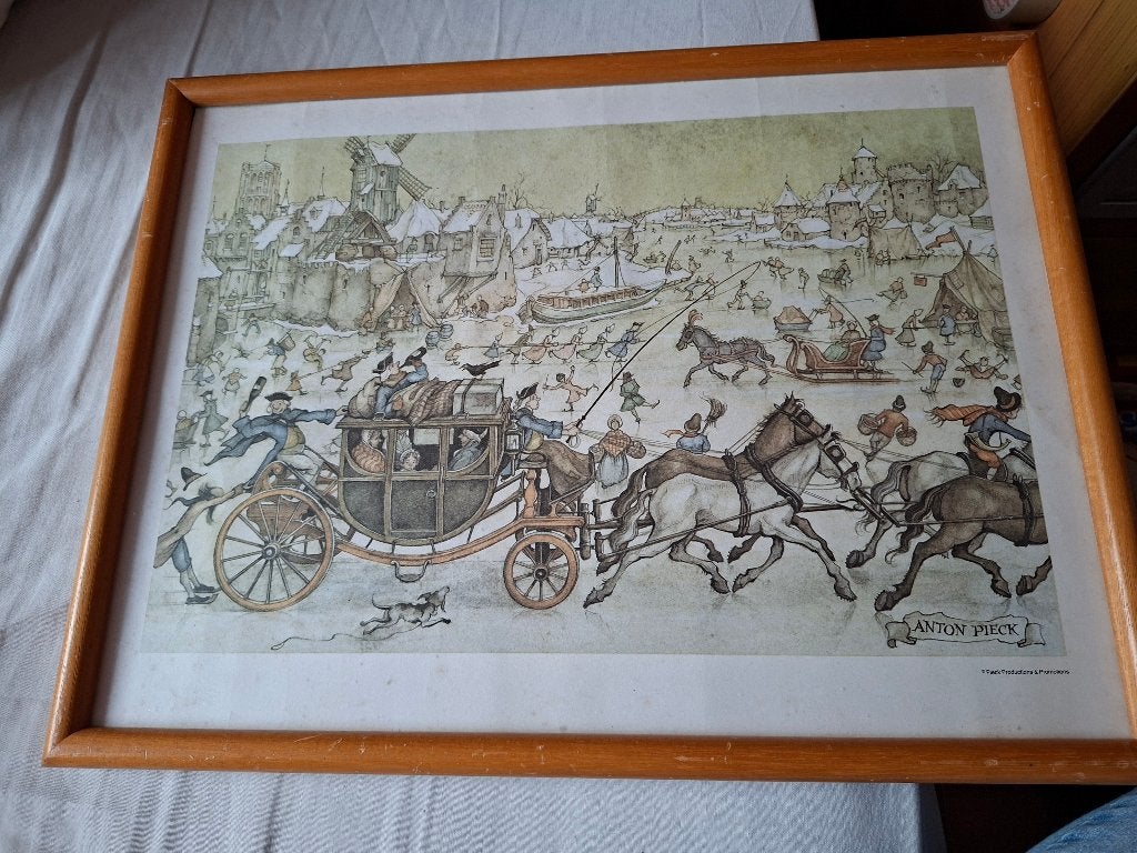 ingelijste afbeelding "Ijsvermaak" Anton Pieck, ca. 42 x 32, Ophalen of Verzenden