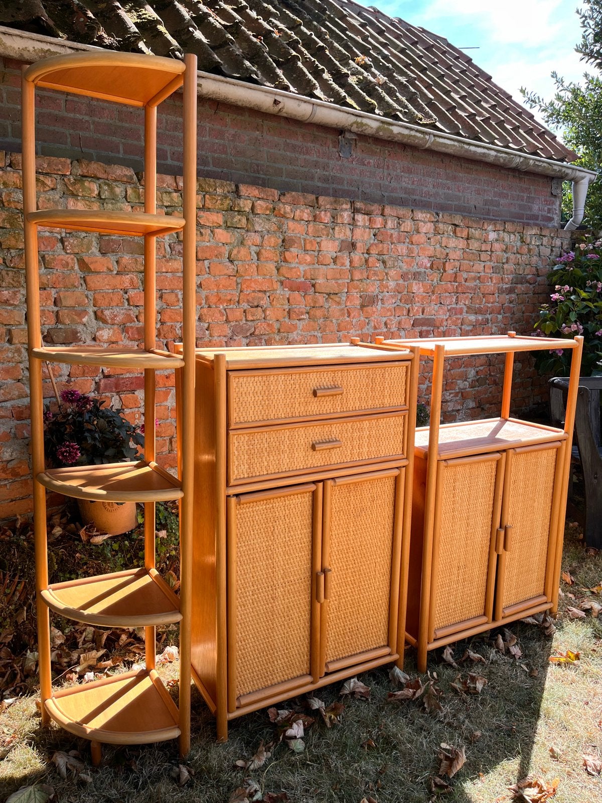Vintage rotan en bamboe meubelset jaren '70 - wandkast & lad, Ophalen