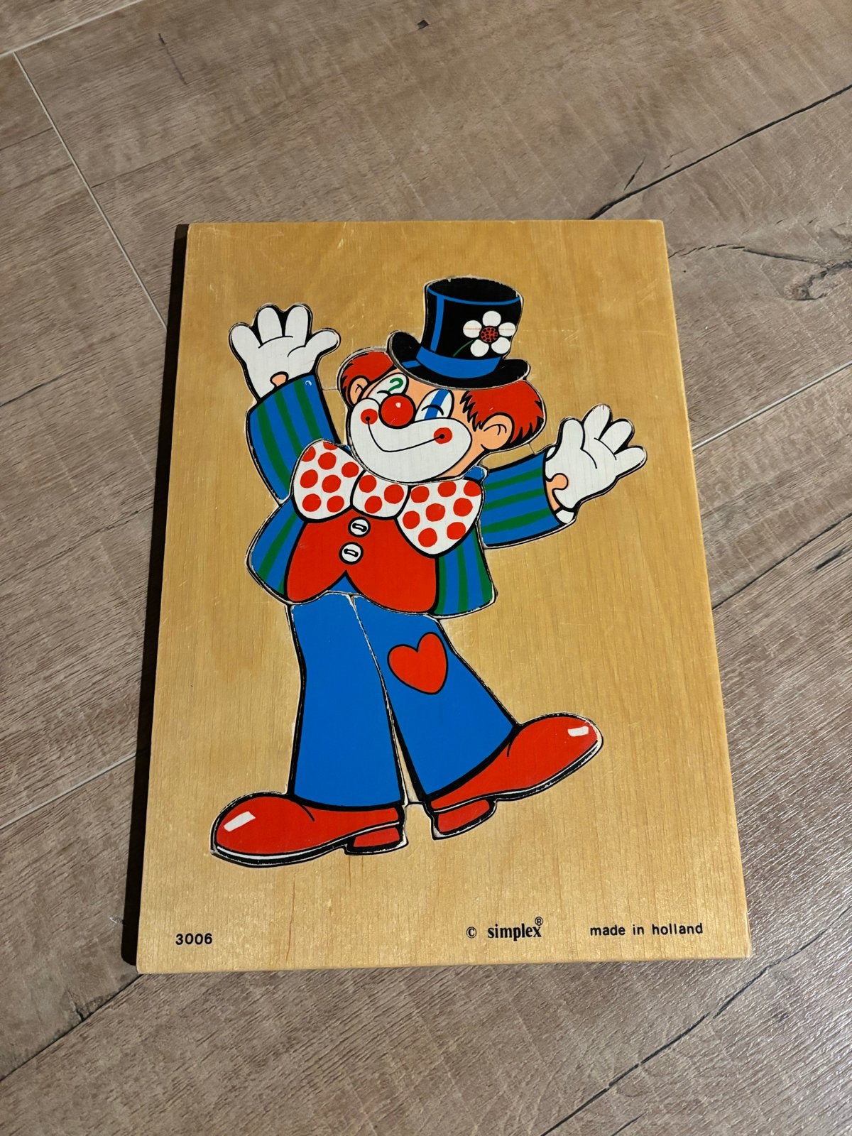 Vintage Simplex Houten Clown Puzzel - Made in Holland, 2 tot 4 jaar, Gebruikt, Ophalen of Verzenden, Van hout
