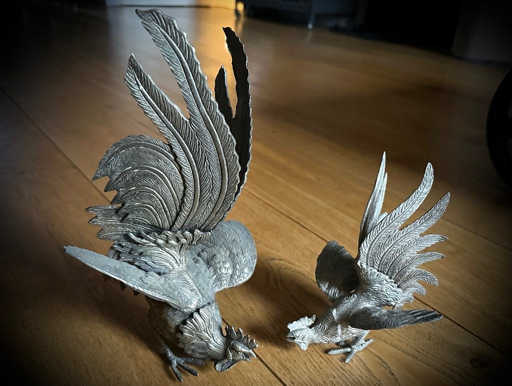 2x Kemphanen Beeldje set Haan vogel zilver antiek vintage, Verzenden